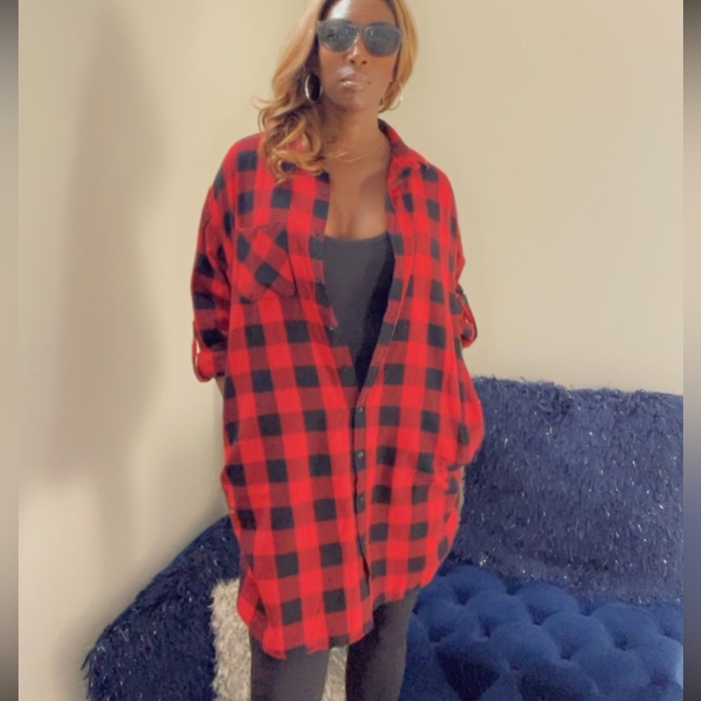 Long Sleeve Button Down Buffalo Plaid Flannel Shirt Dress